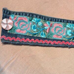 Artist Made Denim Cuff Bracelet with Pink and Blue Ribbon